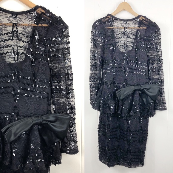 Vintage Dresses & Skirts - Vtg 80s Sequins Dress Bow Poofy Long Sleeves Lace